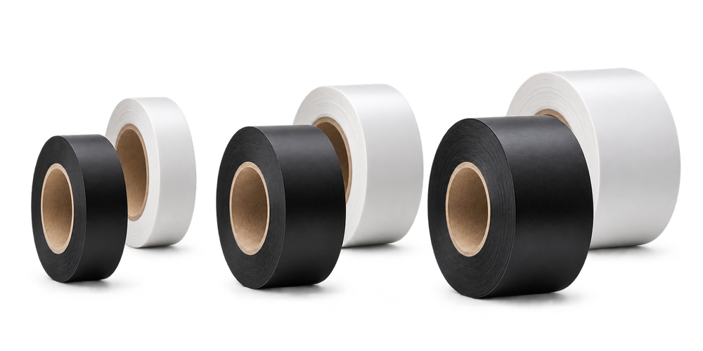 Line-up of black and white 2-ply pipe tape rolls in three thickness grades – YTM Makina